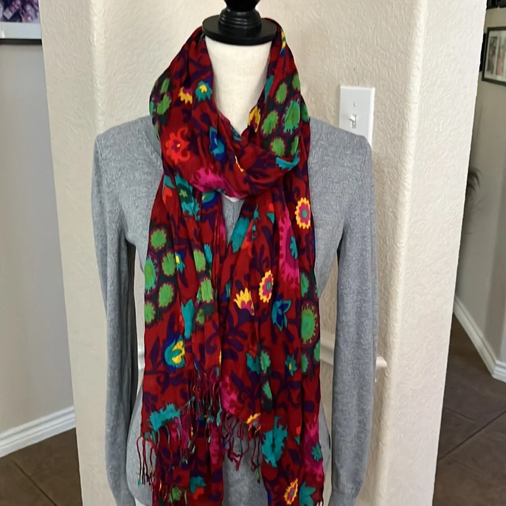 Red floral with fringe scarf